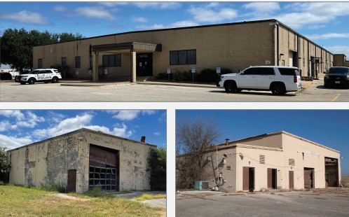 photo collage of three brown buildings that are no longer in use at the airport