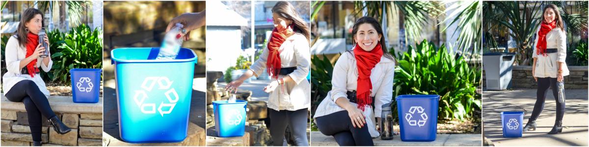 A banner of photos of Catalina featuring her recycling, drinking from a reusable water bottle, and standing outside in front of a green garden.