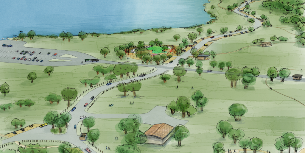 A sketched rendering of Phase 1a improvements showing an overhead view of the proposed park improvements, including a new play area. 