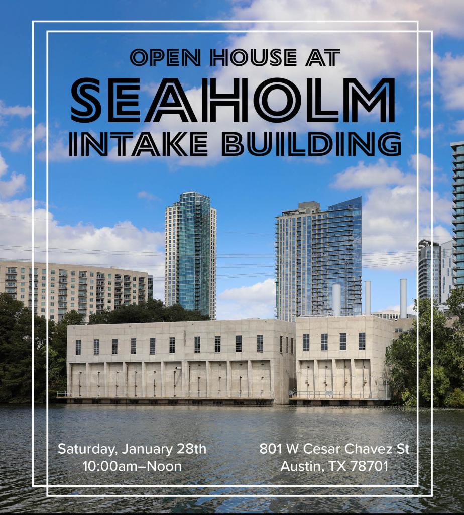 Photograph of newly restored Seaholm Intake building taken from the south shore of Town Lake