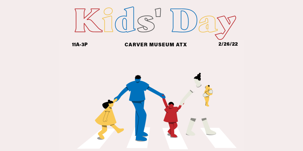 Light pink banner with graphic illustration of a family crossing a crosswalk, with the words "Kids' Day" spread across the top in red, yellow, and blue
