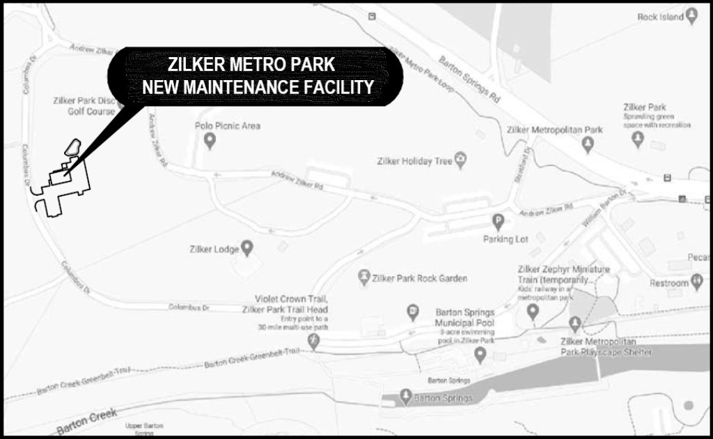 Image of map of Zilker Park highlighting project site on Columbus Rd. west of Andrew Zilker Rd.