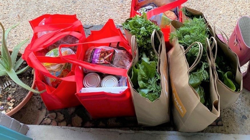 Photograph of several bags of groceries with canned goods and produce.