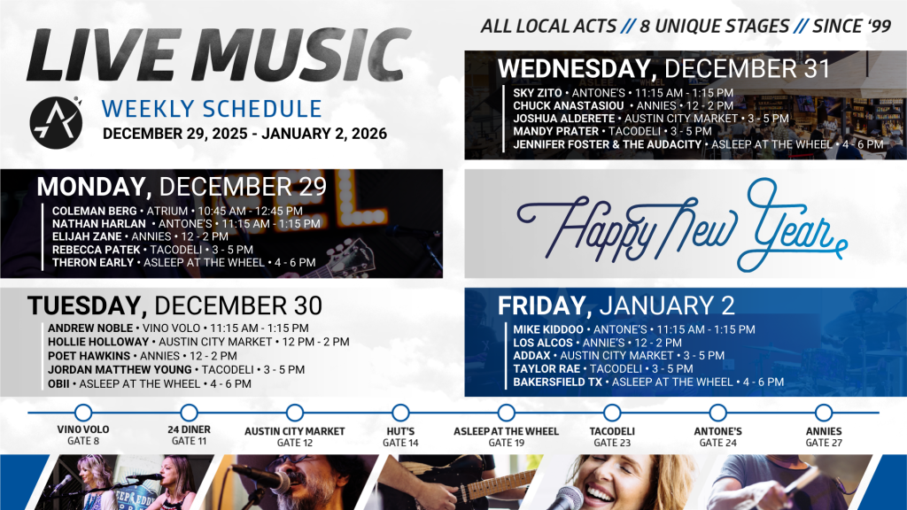 Live music schedule at Austin-Bergstrom International Airport from December 29 - January 2