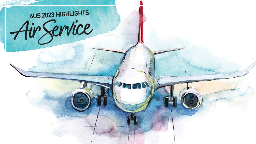Water color theme. Airplane on the runway. Text reads AUS 2023 Higlights Air Service.