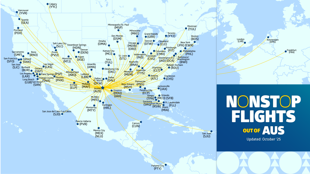 Map of nonstop flights that fly out of AUS, updated October 2025.