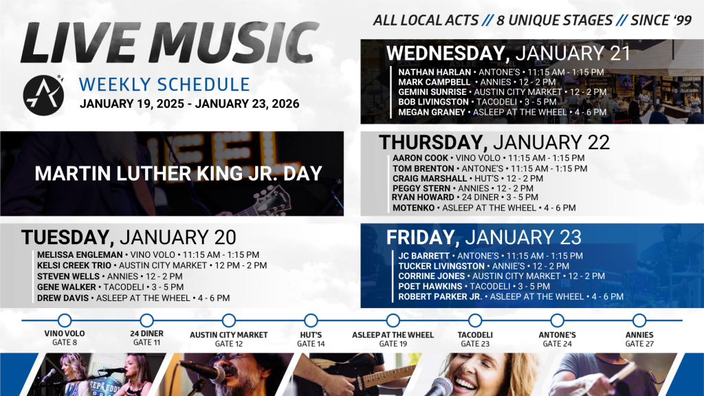 Live music schedule at Austin-Bergstrom International Airport from Monday, January 19 to Friday, January 23.