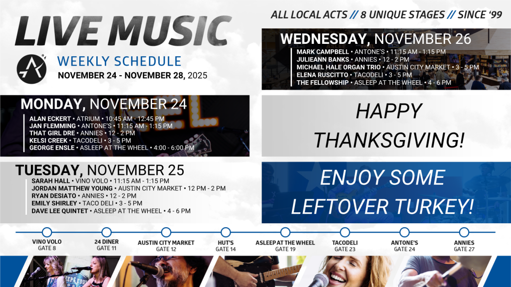 Live music schedule from Monday, November 24 to Friday, November 28