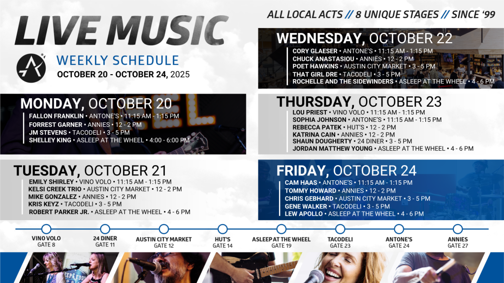 Live Music Schedule at Austin-Bergstrom International Airport from Monday, October 20 to Friday, October 24
