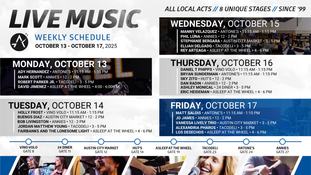 Live Music Schedule at Austin-Bergstrom International Airport from Monday, October 13 to Friday, October 17
