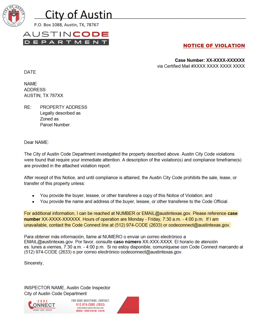 a sample notice of violation with the paragraph about code inspector contact information highlighted