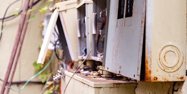 exposed wires on yellow metal boxes attached to the experior of a yellow house