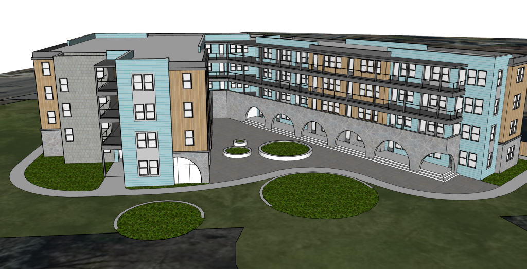 Rendering shows a 4-story, elevator served building with an arched walkway and multi-material exterior. 