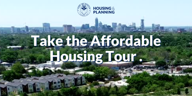 Graphic of the City of Austin Skyline with the words "Take the Affordable Housing Tour"
