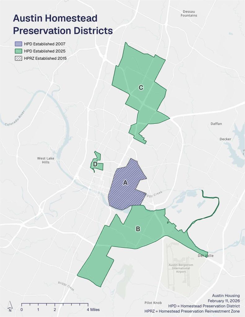 Map titled “Austin Homestead Preservation Districts” showing four labeled areas (A, B, C, and D). District A, established in 2007, is located in central East Austin and marked with diagonal shading. Districts B, C, and D, established in 2025, are highlighted in green across southeast, northeast, and west-central Austin. The 2015 Homestead Preservation Reinvestment Zone is indicated within District A. Legend and scale bar included; dated February 11, 2026.