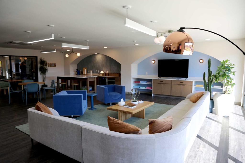 Spacious community room with a curved light-gray sectional sofa, blue armchairs, and a wooden coffee table. The room features a large TV, modern lighting, and natural light from large windows.