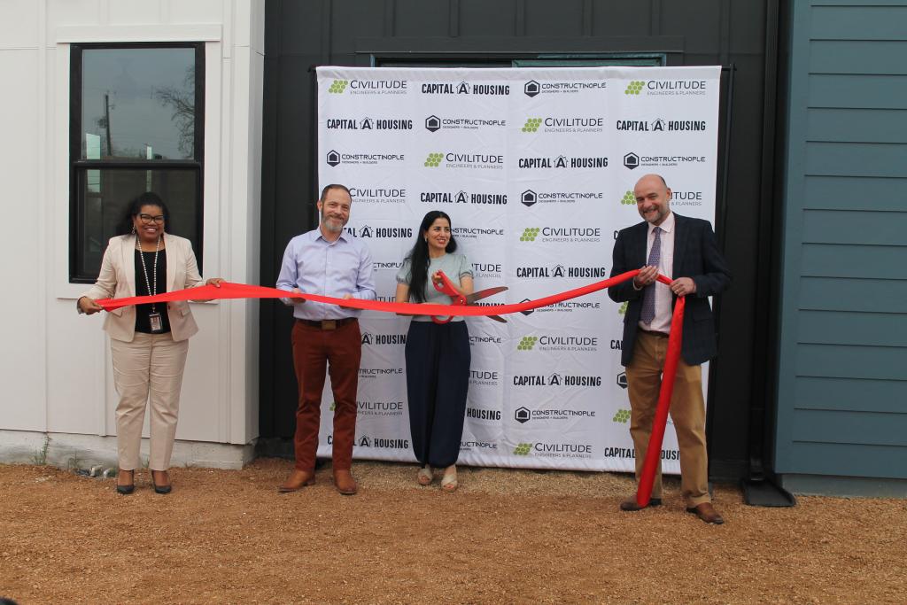 L to R – Angela Means (City of Austin); Conor Kenny (Capital A Housing); resident; José ‘Chito’ Vela (Councilmember District 4);