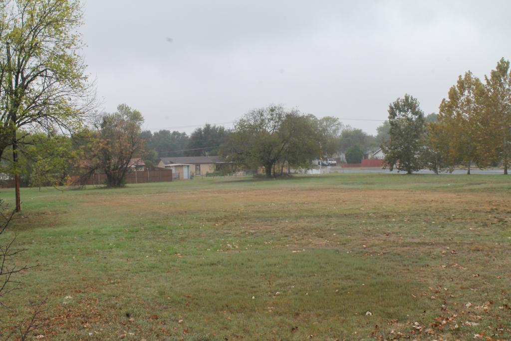 Image shows vacant land with green grass and trees.