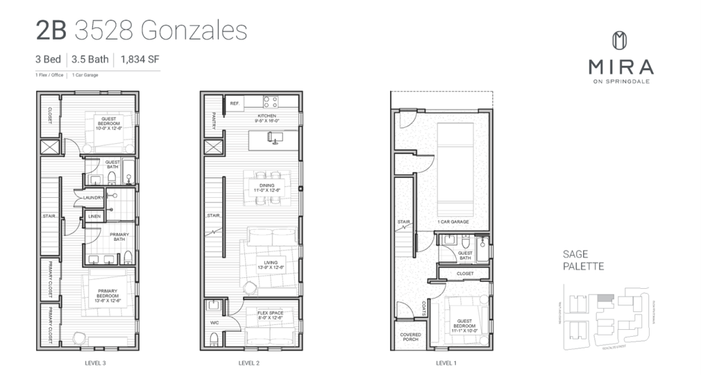 A 3-bed, 3.5-bath, three-story floorplan of a Mira townhome
