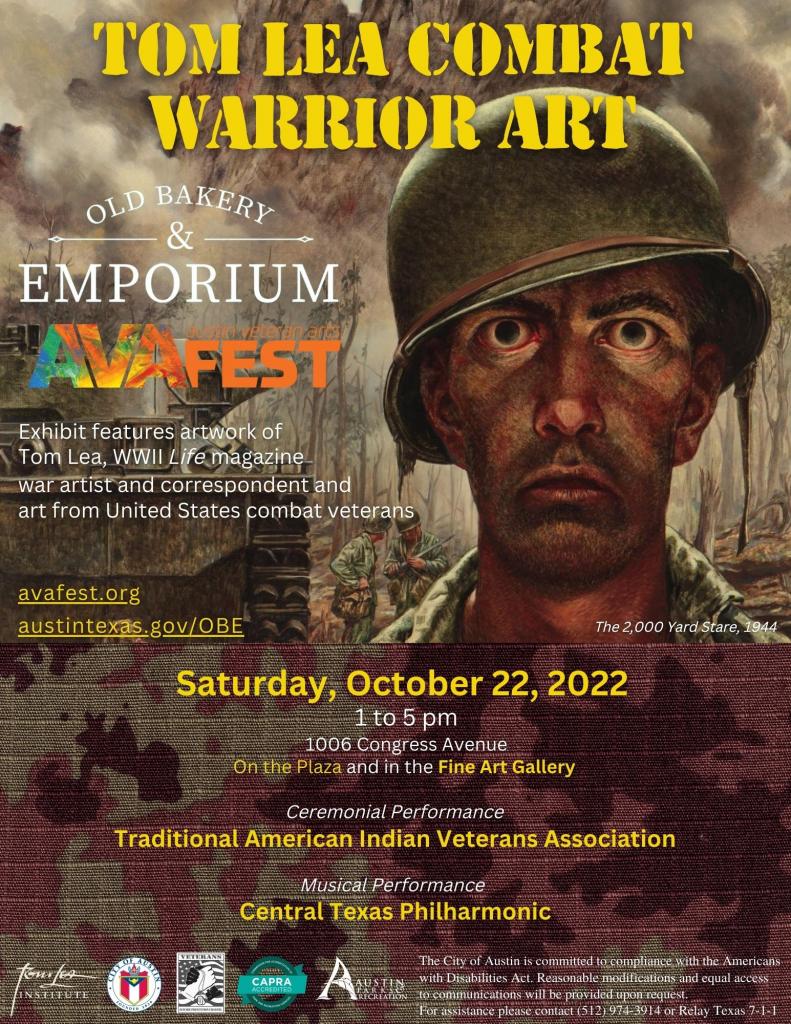 Tom Lea Combat Warrior Art Exhibit Poster - Takes Place on Saturday, October 22 from 1:00 to 5:00pm at The Old Bakery and Emporium on 1006 Congress Avenue