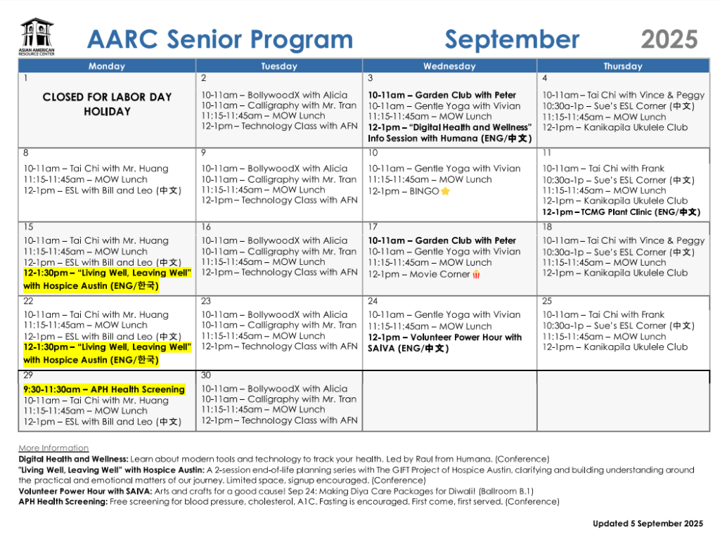 AARC Senior Program Calendar September