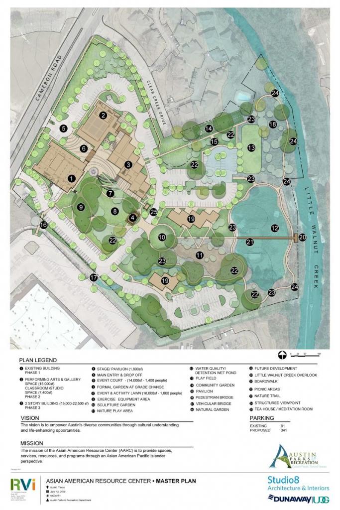 The Asian American Resource Center (AARC) Master Plan is intended to provide an overall plan that demonstrates the future development potential for the current AARC site.  The project is located on a 15-acre City owned property along Cameron Road in Austin, Texas.  The design team has created a framework for the spatial arrangement of buildings and programmatic pieces reasonably expected for the future needs of the AARC site.  As with any Master Plan, some flexibility has been inserted into the plan to allow for future changes within the program.   This Master Plan was tied to a bond passed in the 2018 election, which allotted approximately $7 million dollars to the project.  Due to the limitations of the bond funding the Master Plan focuses on the immediate needs of the AARC, while providing a framework for future development.  The design team estimated that the work shown in the Master Plan for Phase 2 would cost between $15 – $20 million if construction was completed by 2025.   The Master Plan is divided into three areas of focus based on when construction was completed or will be completed.  Phase 1 represents the existing facility, completed in 2013.  Phase 2 involves slight repairs/modifications to the existing facility as well as the addition of a new Performance Theater with additional classrooms, support spaces and community focused outdoor spaces to be completed in 2025.  Future development will contain all other requested programmatic pieces that can be reasonably served by the City of Austin Parks and Recreation Department (PARD).  No date is set for design or construction of the future development beyond Phase 2 and it may be split into multiple phases.    Key Components of the Master Plan Phase 2:  	 PARD focused on adding uses that complement the existing programs at the AARC.  These uses were developed from public feedback during the public outreach portion and include the top seven public requests which have been included in Phase 2 and future development. The main program pieces of Phase 2 include the following: repairs to the existing building, adding partitions to the existing ballroom to allow conversion to classroom spaces, the construction of a new Performance Theater that accommodates 500 non-fixed theater seats or 450 guests at tables and a raised stage, green/dressing rooms, classrooms, secured gallery space, un-secured public gallery space, and related support and storage spaces.  The new Performance Theater would be situated across from the existing facility and would create an outdoor courtyard between them capable to hosting performances and large communal gatherings. The internal floor plan, including the seating layout will be addressed during the design phase.    With the proposed uses, Phase 2 could add up to 220 parking spaces, although by Land Development Code standards only 187 spaces would be required for the build-out of all phases. It should be noted that the lack of parking during large events has been brought up numerous times by stakeholders. Currently, the City property located south of the AARC has allowed AARC visitors the use of their parking lot as overflow parking during large events. PARD staff has agreed to formalize this arrangement in the form of a Memorandum of Understanding (MOU) between PARD and the Building Services Department. In an effort to facilitate safe passage between both sites, PARD is committed to providing a pedestrian bridge and vehicular bridge between the two sites.      A Summary of the Master Plan Process:  PARD developed an extensive Community Engagement process in partnership with the City of Austin’s Community Engagement Office.  A total of ten small focus groups were held with 154 participants.  Additionally, surveys were conducted at the site, during events, and on SpeakUp Austin. (See Addendum A: Community Engagement Report for details.)  The vast majority of the participants requested a Performing Arts Theater which reflected the top choice of an earlier independent survey conducted by the non-profit The Network of Asian American Organizations.  A series of public meetings were planned to process the public’s expressed desires for the AARC, reflect them in schematic drawings and solicit community feedback.   At the first public meeting the results of the Community Engagement process were presented and responded to through three conceptual Feasibility Studies that reflected the public’s desires.  The three Studies focused on the best potential development footprints for the project based on site analysis.  This included a consideration for the imminent change in flood plain zones, changing the AARC’s 100 year flood plain areas into 25 year flood plains.  Additional consideration was paid for the number of large trees that are distributed throughout the site.  The second public meeting presented themes we heard from the first meeting, including the program uses that the community gave the highest priority.  By the third meeting, we distilled that feedback down to two concepts.  Both concepts showed the same size of building and same program uses but differed in their approach to site circulation and orientation.  The main feedback from the third meeting was to think larger than the budget the recently approved bond would allow and provide more of the requested program space.  Several members of the community noted that fundraising can be utilized to make up the difference as it was done when the original building was constructed.   The fourth and final community meeting presented a single site plan that combined the best of the two previous options per community input.  The draft Master Plan shown at the last meeting included about 50% more program space than previously shown for each phase.  Opportunities for Future Development:  Future development will contain a variety of other requested programmatic pieces such as main entry/drop off court, nature play area, sculpture garden, community garden, covered pavilion, pedestrian and vehicular bridge, creek overlooks, boardwalk, nature trail, and future buildings that can accommodate a variety of support uses that can be reasonably served by PARD.    During this process some ideas were discussed including the possibility of incorporating housing, private retail and private office uses. Supporting this idea, an increased building height is desired to allow for a mixed-use development arrangement of uses. Although these ideas were not identified as a high priority during the public input and engagement process they should be included in future design discussions regarding the development and buildout of the AARC site, but the discussion should not ignore or undermine the public input process that was completed by PARD.   These ideas were not included or excluded in this Master Plan because they are outside the purview of this process due to zoning, land ownership and PARD’s operational standards and mission. Opportunities for funding this wider range of future private development mixed-uses will depend on several factors. Private partnerships and funding could be explored, but that could require selling portions of the 15-acre city owned property or work within PARD’s existing concessions and contracts division to provide any number of PARD related uses.  Additionally, there was some discussion about the potential for parking garage on the City’s Rutherford campus to serve both the AARC and City departments located at Rutherford.  This was also beyond the scope of this Master Plan.  PARD’s objective in this Master Plan process was to understand the extent to which the site can be further developed to the benefit of the Asian American Pacific Islander community as well as the community of Austin as a whole. Based on public input and engagement with the community the Master Plan identifies the expansion of specific community programming that will utilize flexible indoor and outdoor facilities. The Master Plan addresses these specific programming needs and identifies the ability to expand the center to accommodate the future needs of the community.