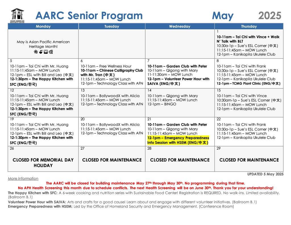 Calendar for May 2025 senior programs