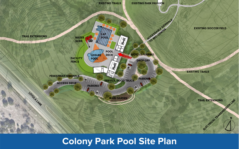 Image of site plan concept for new Colony Park Pool, images shows pool, new parking, surrounding trails