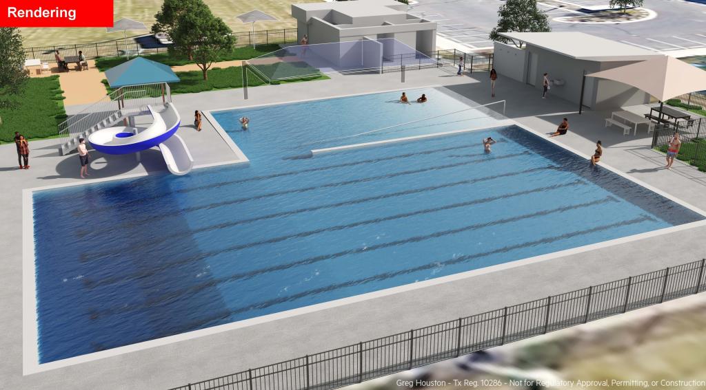 Rendering of a view of the new pool looking northeast showing lap lanes, zero entry, new changing room building