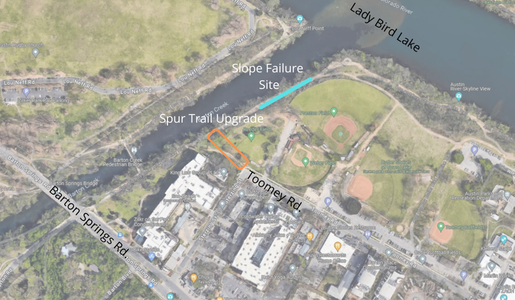 Aerial showing the location of the detour trail and erosion project location