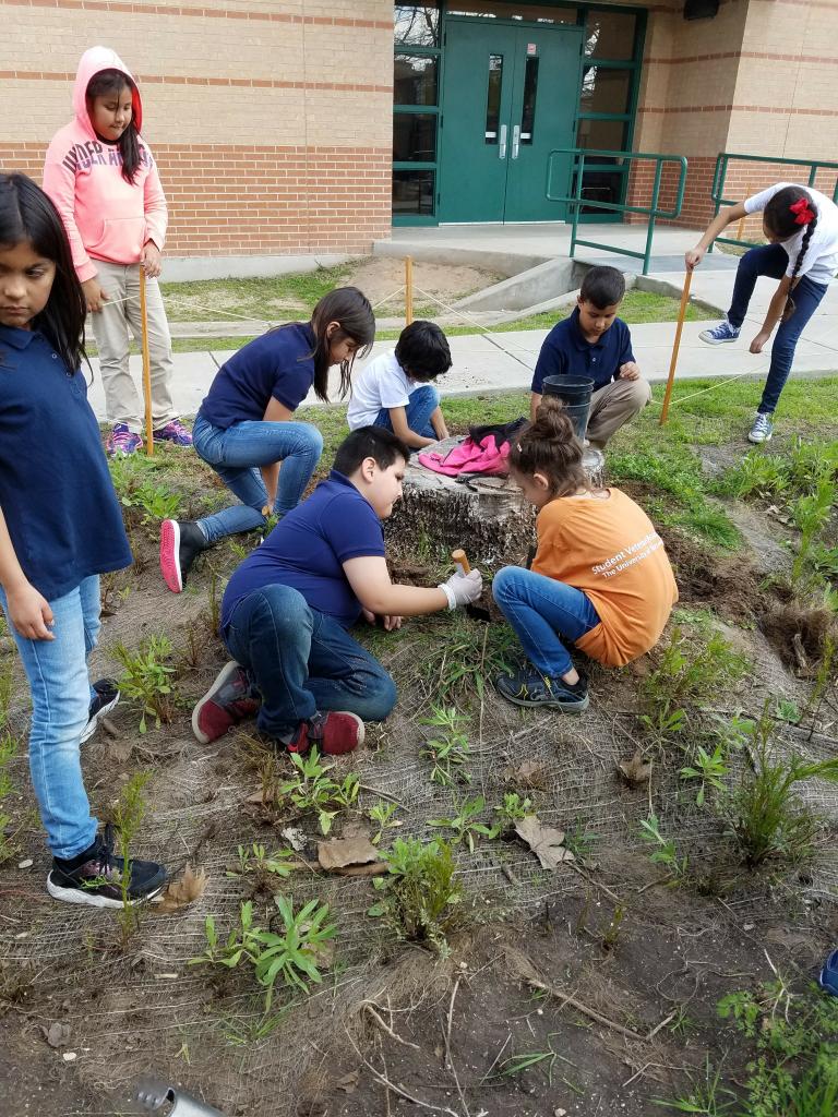 Students install landscaping at their school. 