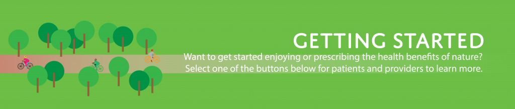 green rectangle with trees and people on bikes with white text that reads getting started want to get started enjoying or prescribing the health benefits of nature select one of the buttons below for patients and providers to learn more  