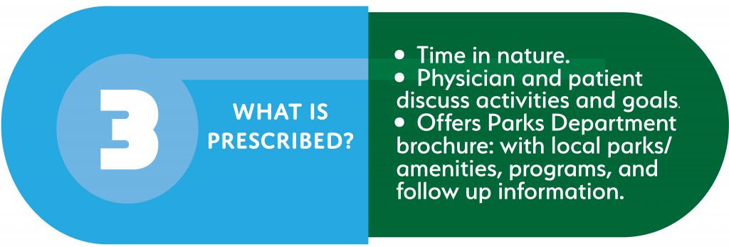 Blue and Green Capsule with text written in white text 3 What is prescribed time in nature physician and patient discuss activities and goals offers parks department brochure: with local parks amenities programs and follow up information