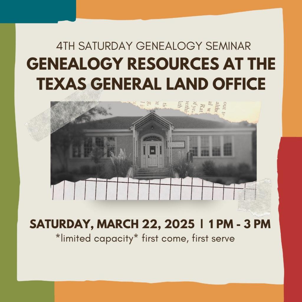 graphic og the george washington carver genealogy center with colorful graphic and text reading 4th saturday genealogy seminar saturday 3/22 1-3 pm