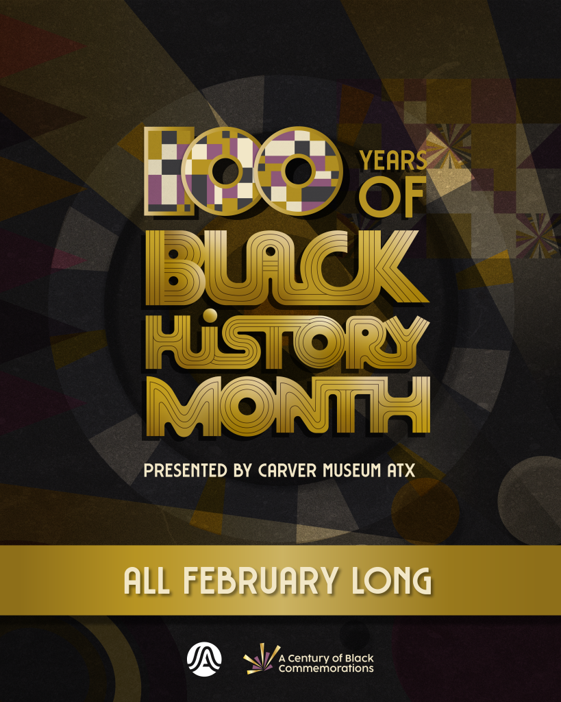 Gray, black, purple, gold graphic stating, "100 Years of Black History Month"