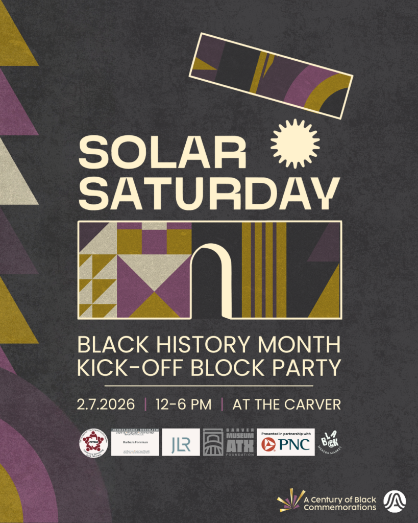 gray, gold, cream, and purple graphic with different shapes and patterns with text reading Solar Saturday Black History Month Kick-Off Block Party