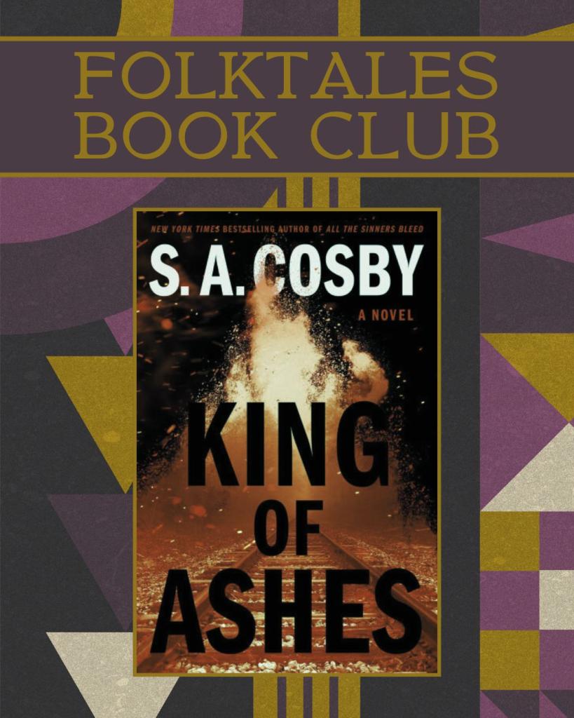 purple gold and gray image with photo of the book "King of Ashes"