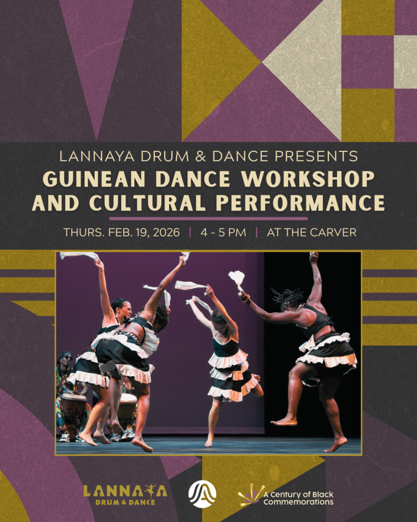 purple, cream, and gold graphic with image of Lannaya Drum and Dance dancers performing on stage