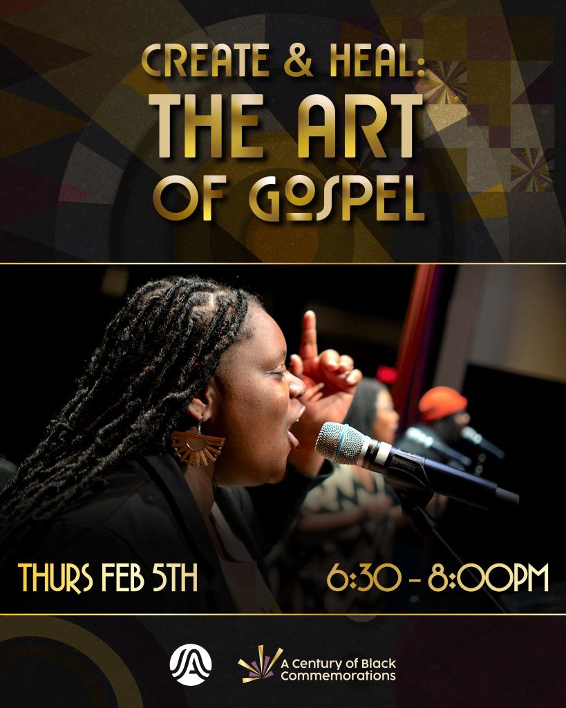 black and gold graphic with photo of gospel singer singing into a mic on stage