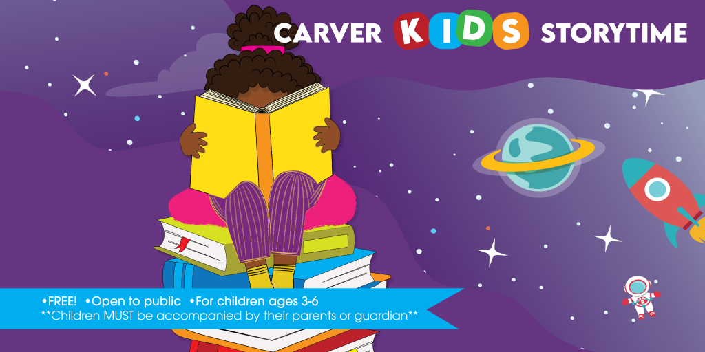 Purple Graphic of child reaching a book in outer space
