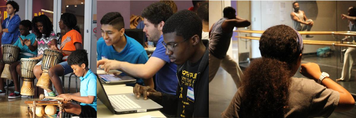 Collage of Photos: Youth Arts Safari Student Showcase. Students playing african drum and percussion instruments. Boys of color coding on laptop computers with a Tech industry mentor.  Youth practicing capoeira in the Carver dance studio with instructor.