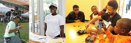 Photo collage of volunteers filming, greeting, and working with youth.