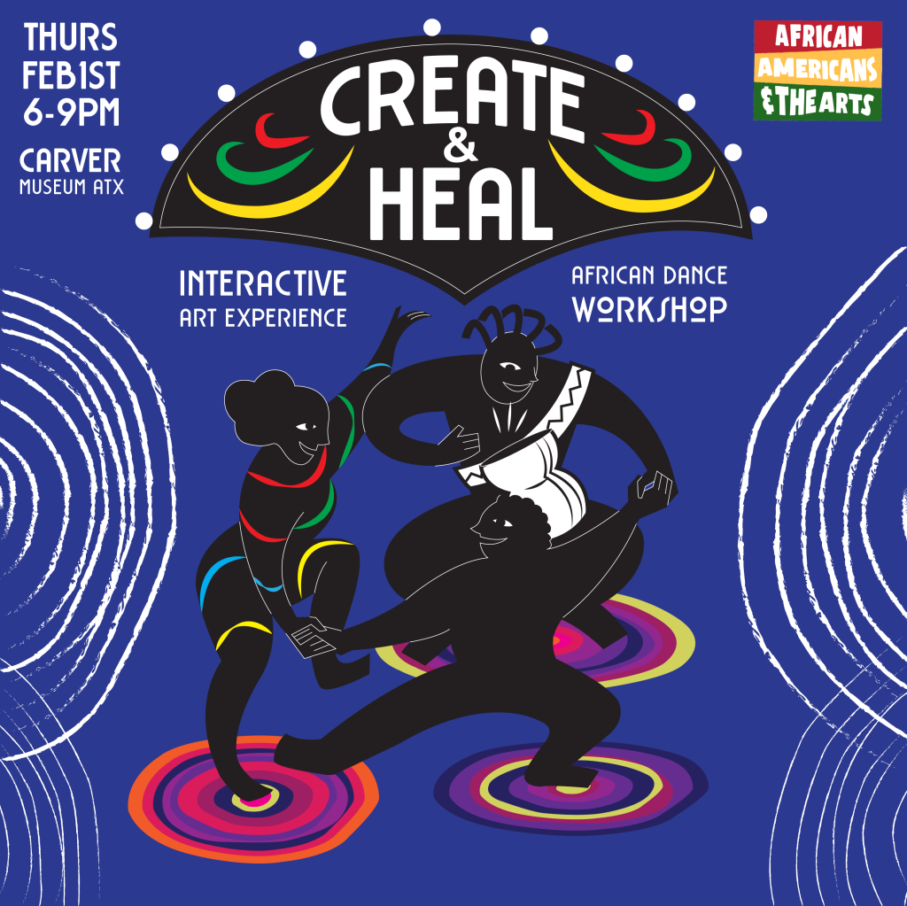 blue graphic with people dancing and text stating create and heal