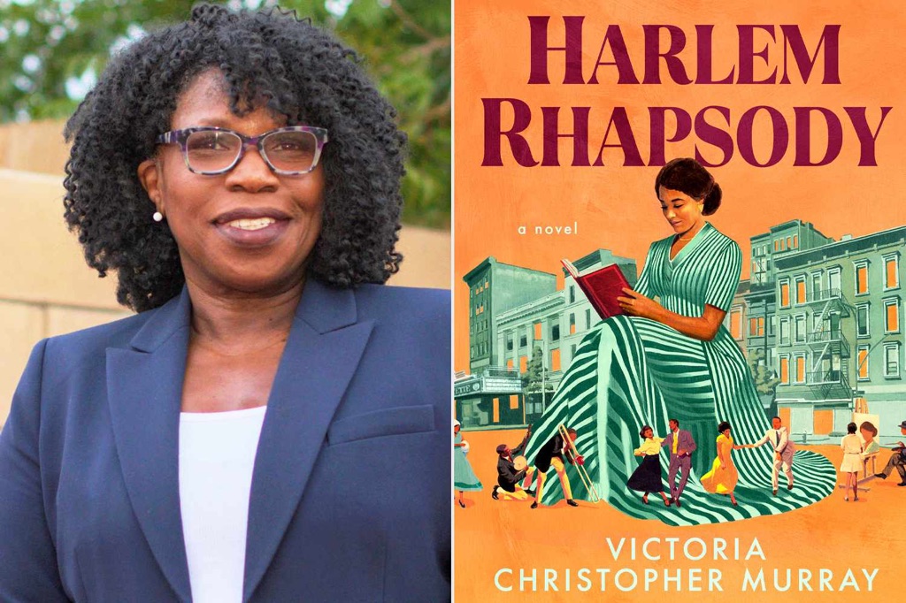 A graphic with two images. The first a close up photograph of a black women smiling and making eye contact with the viewer. The second image is a book cover that shows a woman reading a book while people are engaged in activities all around her and buildings behind her. There is text on the book cover that says 'Harlem Rhapsody a novel Victoria Christopher Murray'