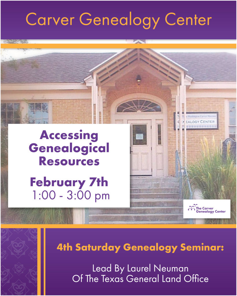 purple and gold graphic with image of george washington carver genealogy center in Austin, TX