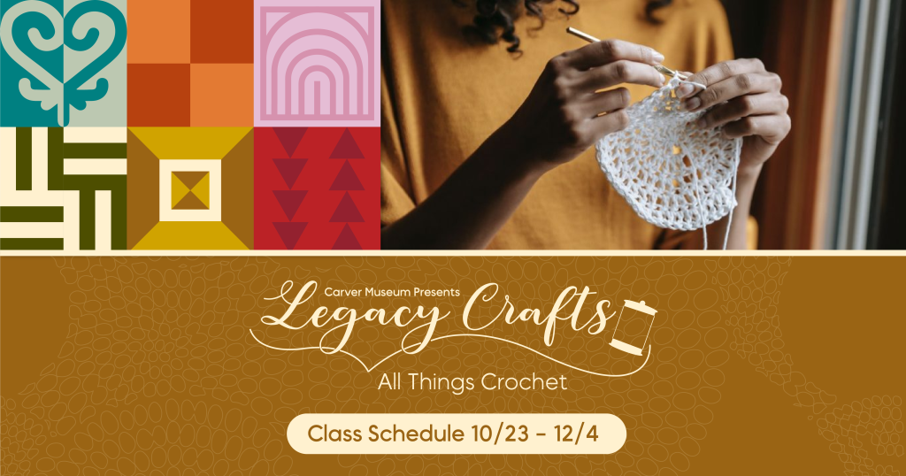 colorful graphic with quilting pattern and hands crocheting