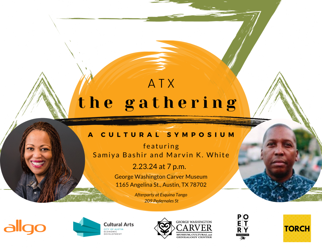 Yellow, green, and white flyer for symposium featuring two author portraits