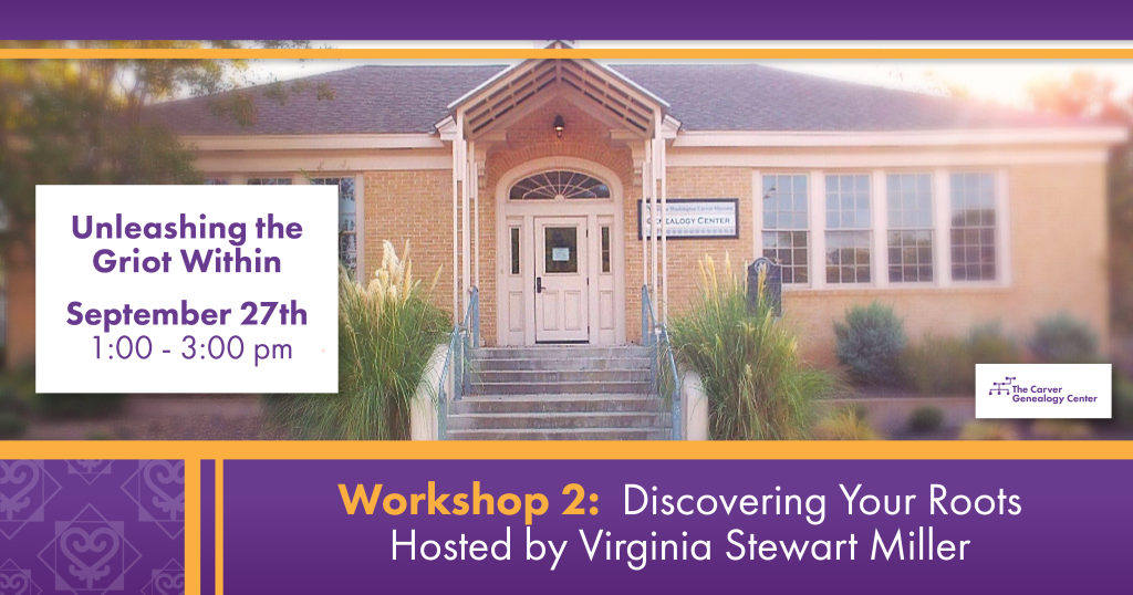 purple and yellow graphic of the carver genealogy center