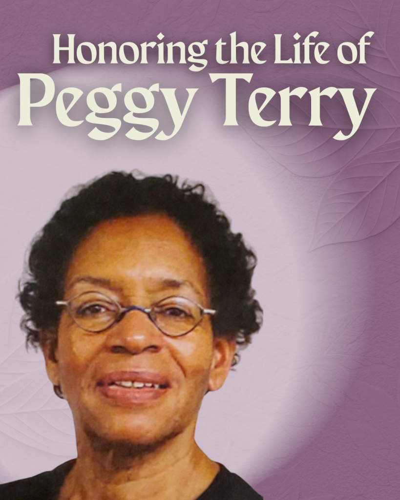 Lilac graphic with image of Peggy Terry