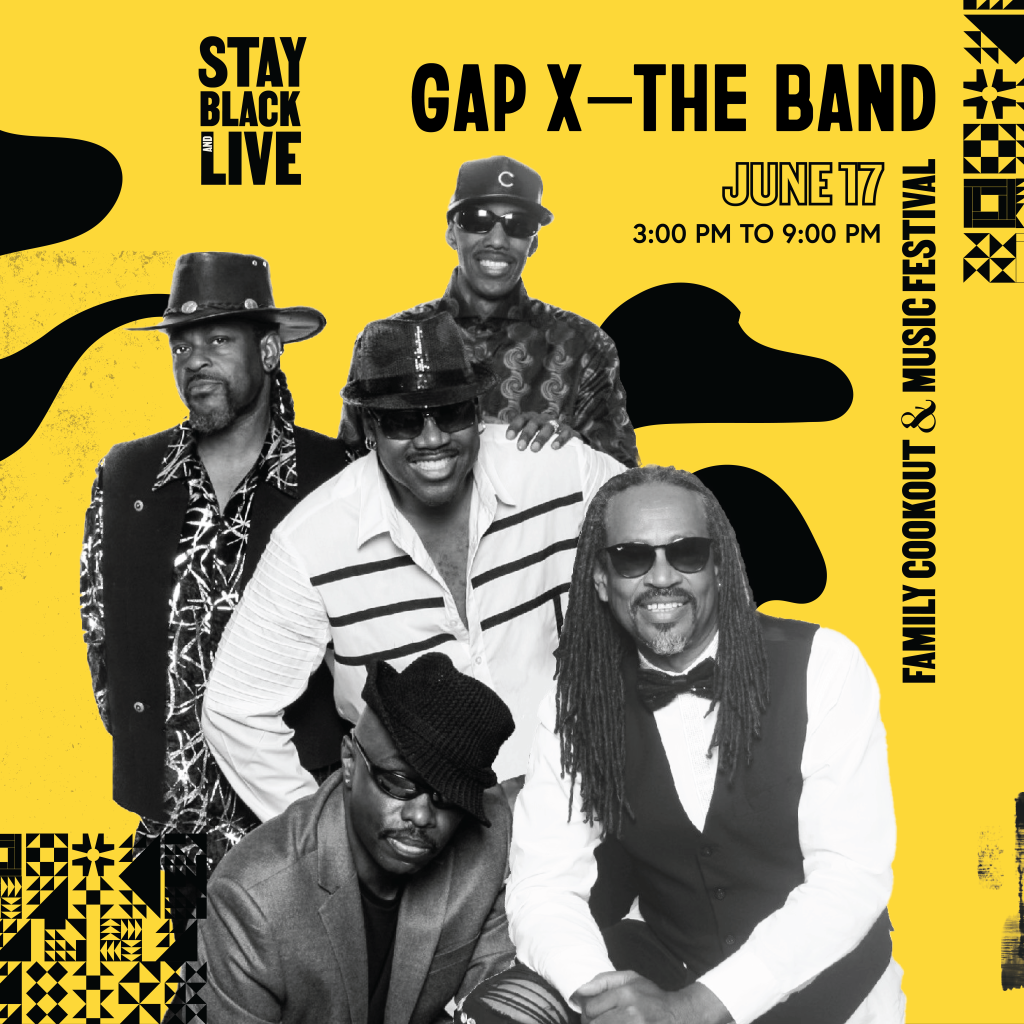 yellow and black graphic with image of Gap X - The Band and abstract shapes floating around